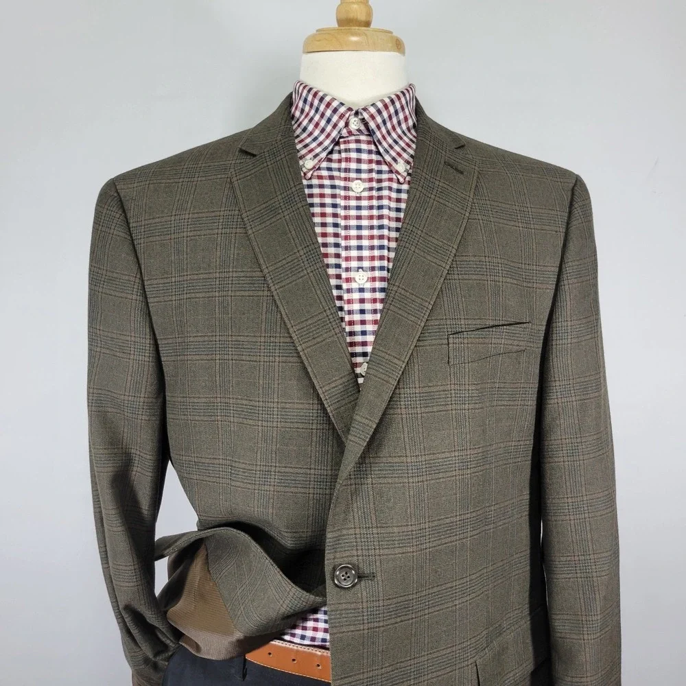 Michael Kors Men's Sport Coat Blazer Two Button Olive Brown Plaid Poly Rayon 48R